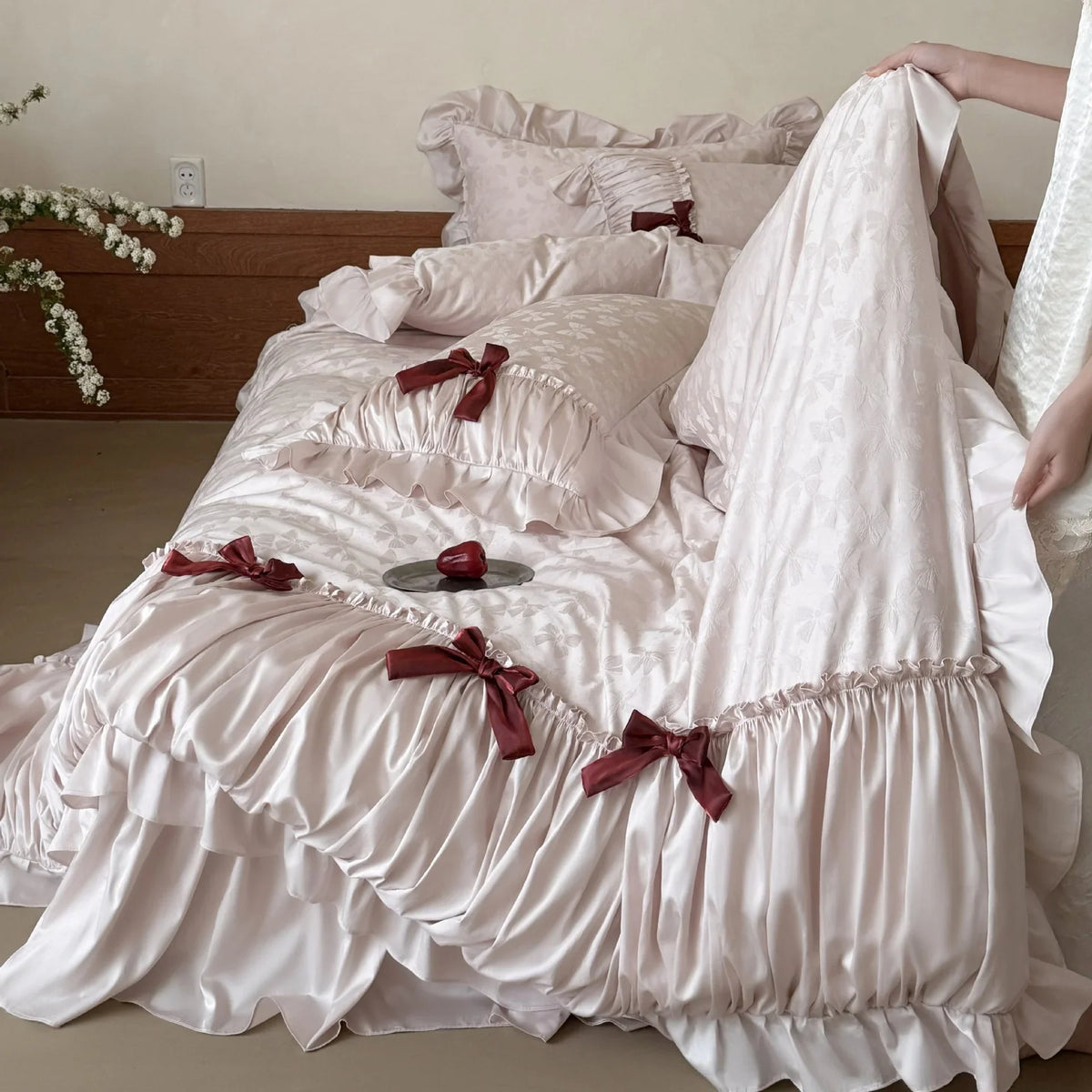 Satin Bedding Set Jacquard Butterfly Ruffles & Bed Skirt