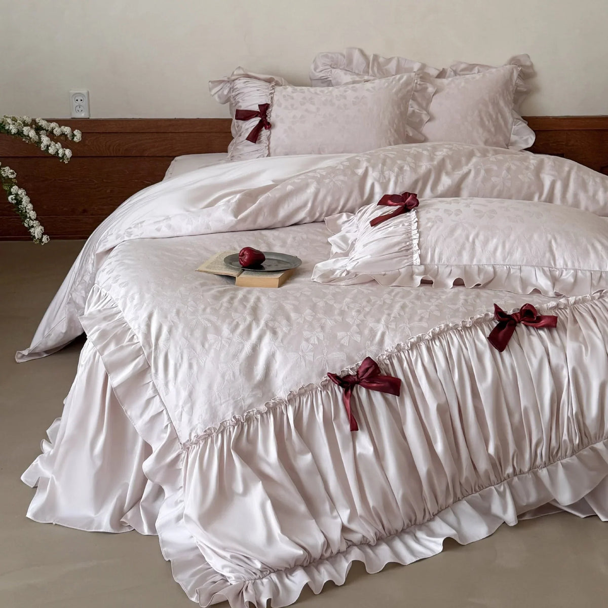 Satin Bedding Set Jacquard Butterfly Ruffles & Bed Skirt