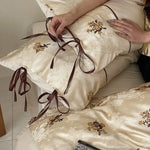 Satin Bedding Set Jacquard Floral Embroidery & Ribbon Ties