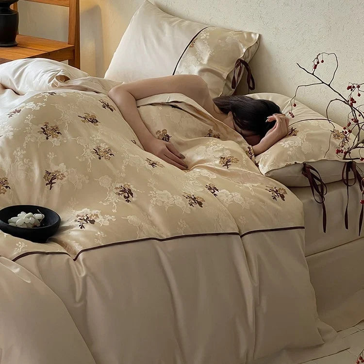 Satin Bedding Set Jacquard Floral Embroidery & Ribbon Ties