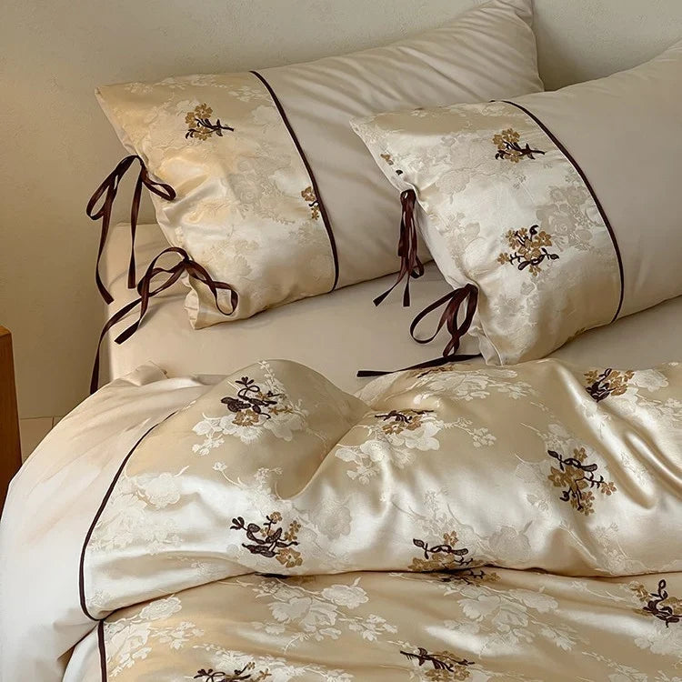 Satin Bedding Set Jacquard Floral Embroidery & Ribbon Ties