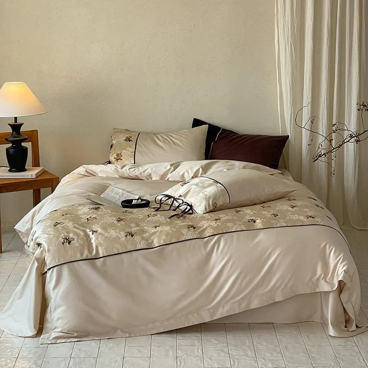 Satin Bedding Set Jacquard Floral Embroidery & Ribbon Ties