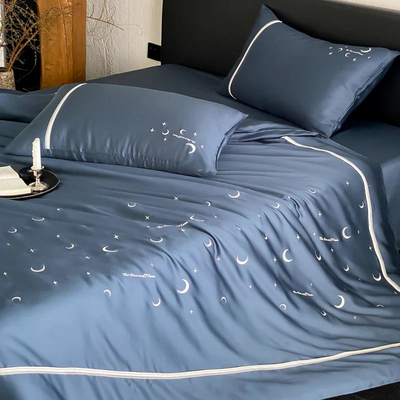 Satin Bedding Set Moon & Star Motif Breathable Colorfast