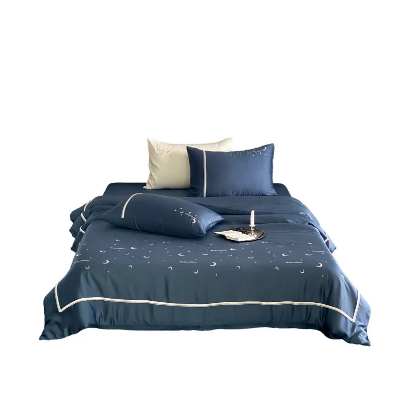 Satin Bedding Set Moon & Star Motif Breathable Colorfast