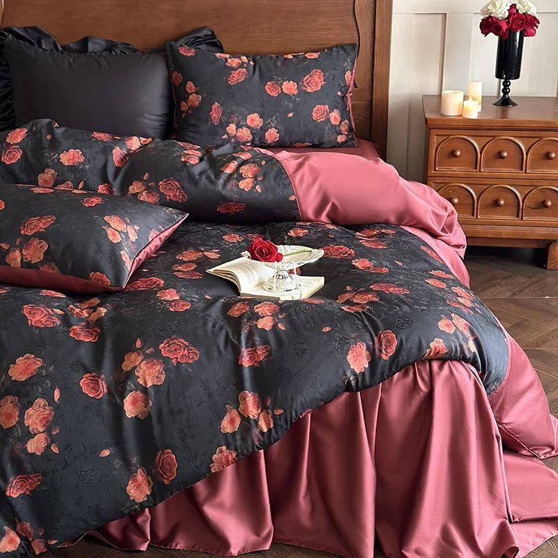 Satin Bedding Set Reversible Rose Wrinkle-Resistant