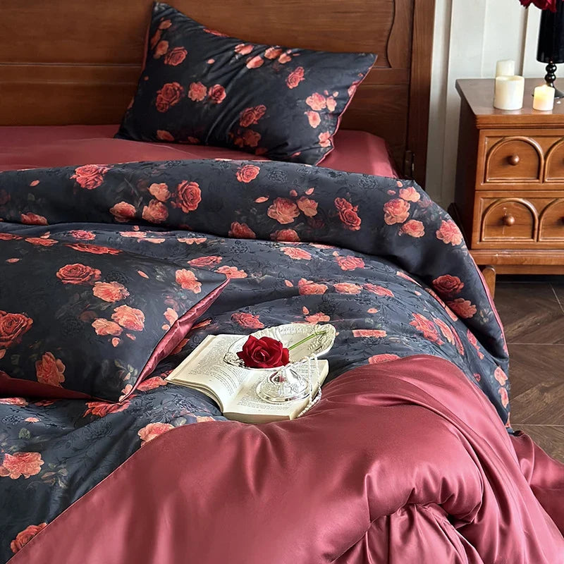 Satin Bedding Set Reversible Rose Wrinkle-Resistant