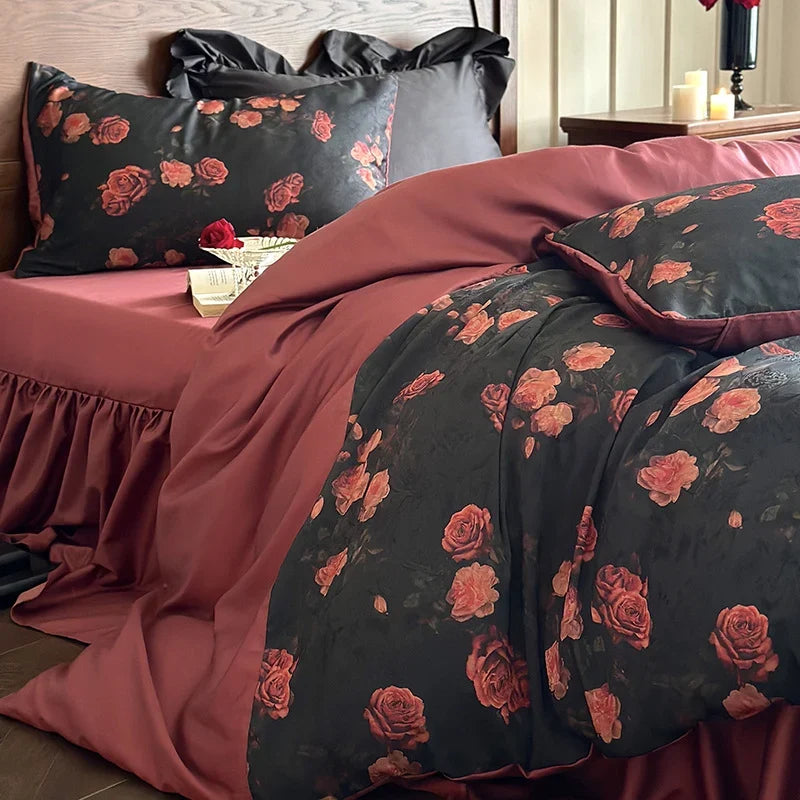 Satin Bedding Set Reversible Rose Wrinkle-Resistant