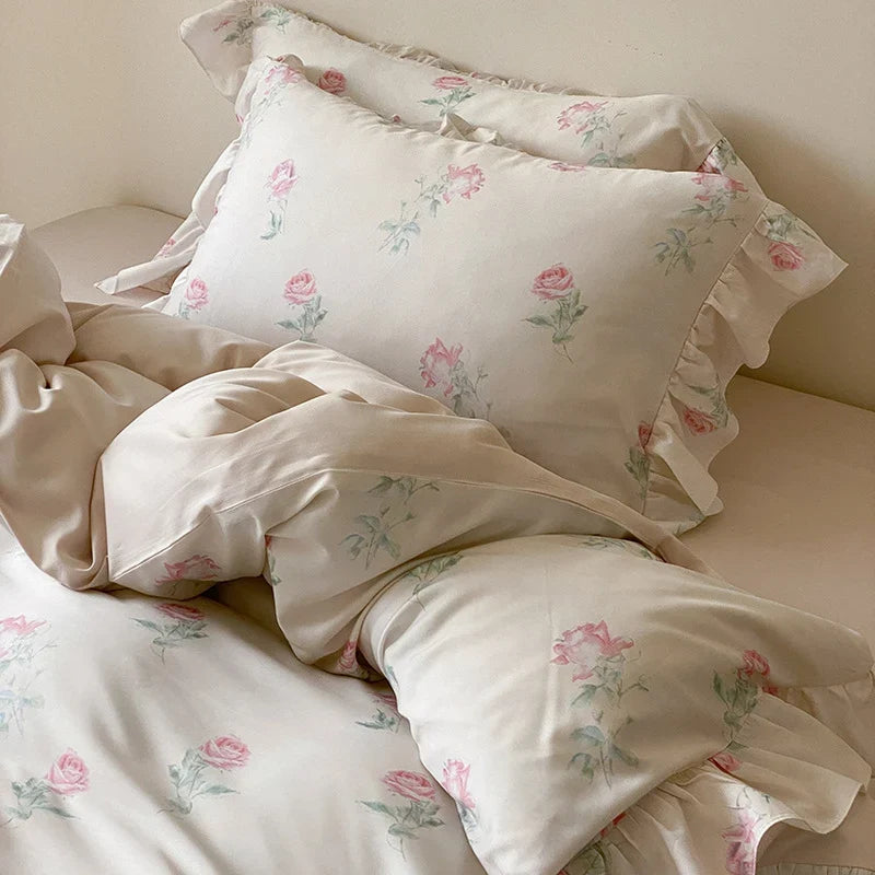 Satin Bedding Set Rose Print & Ruffled Hem