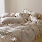 Satin Bedding Set Rose Print & Ruffled Hem