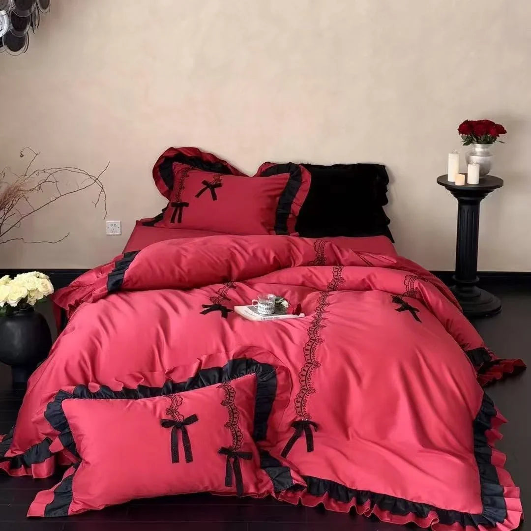 Satin Bedding Set Ruffled Lace Temperature-Regulating 4-Piece