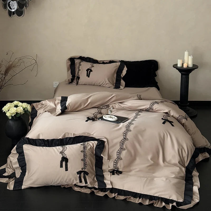Satin Bedding Set Ruffled Lace Temperature-Regulating 4-Piece