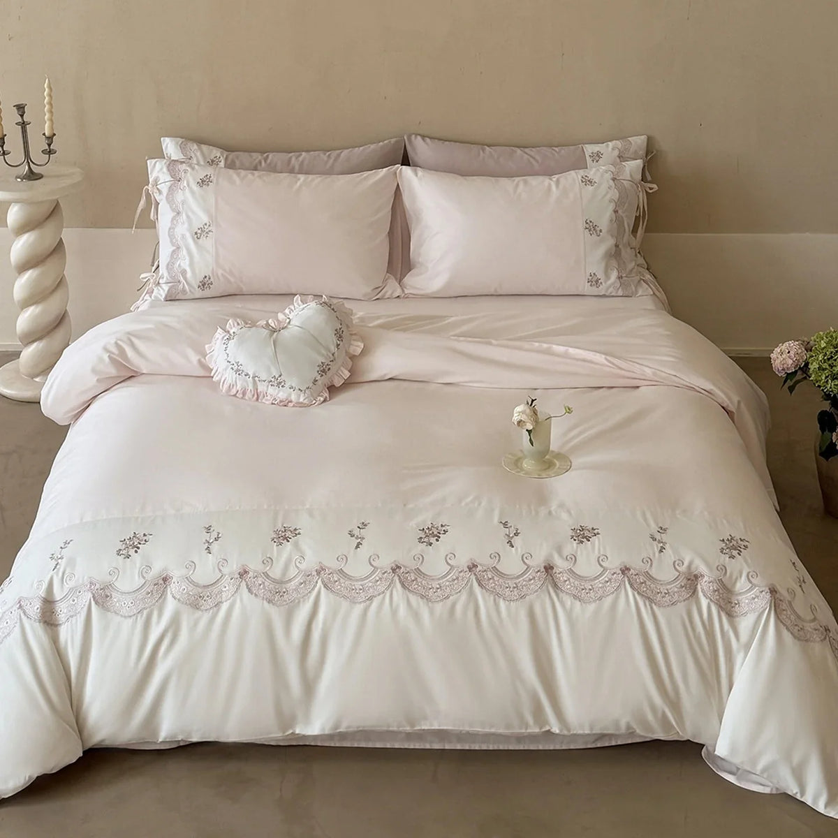 Satin Bedding Set Silky Floral Embroidery & Ruffled Edges