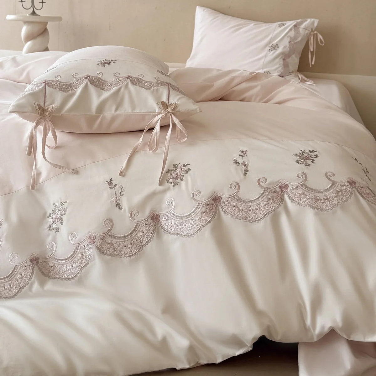 Satin Bedding Set Silky Floral Embroidery & Ruffled Edges