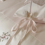Satin Bedding Set Silky Floral Embroidery & Ruffled Edges