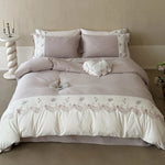 Satin Bedding Set Silky Floral Embroidery & Ruffled Edges