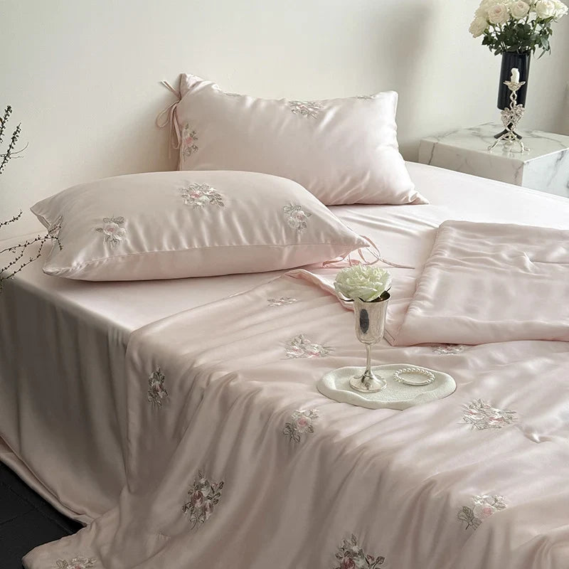 Satin Bedding Set Silky-Gloss Rose Embroidery Wrinkle-Resistant