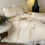 Satin Bedding Set Silky-Soft Embroidered Pleated Frill Machine Washable