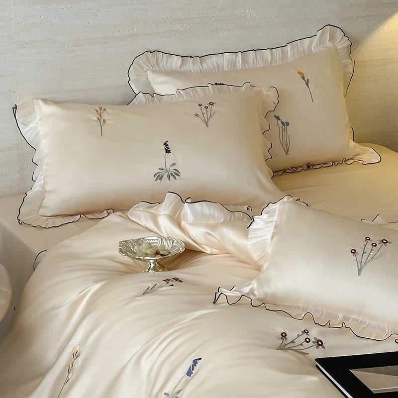 Satin Bedding Set Silky-Soft Embroidered Pleated Frill Machine Washable