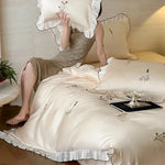 Satin Bedding Set Silky-Soft Embroidered Pleated Frill Machine Washable