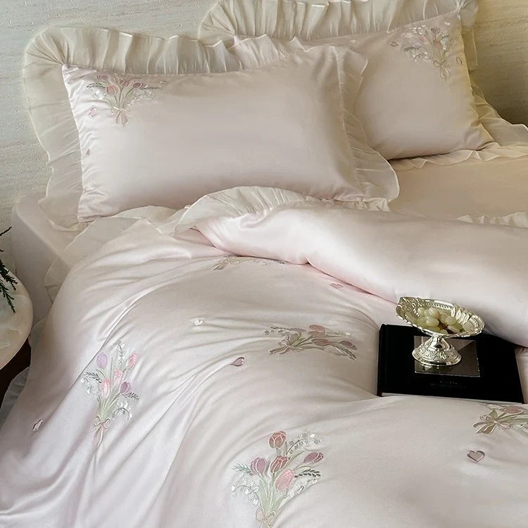 Satin Bedding Set Silky-Soft Embroidered Pleated Frill Machine Washable