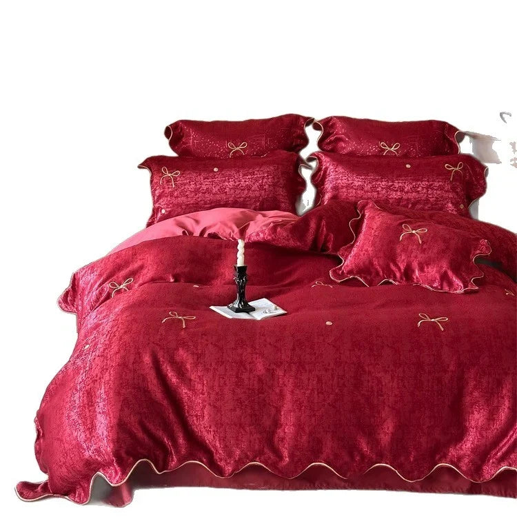 Satin Bedding Set Silky Velvet Four-Piece Bow Embroidery