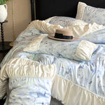 Satin Bedding Set Watercolor Floral Ruffled Edges Machine Washable