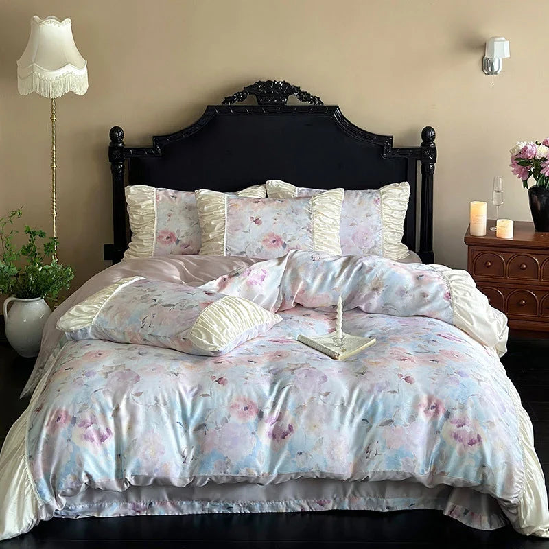 Satin Bedding Set Watercolor Floral Ruffled Edges Machine Washable