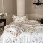 Satin Bedding Set Watercolor Rose Ruffled Shams Machine Washable