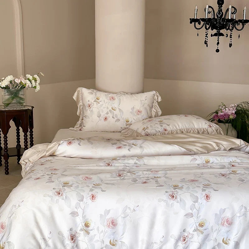 Satin Bedding Set Watercolor Rose Ruffled Shams Machine Washable