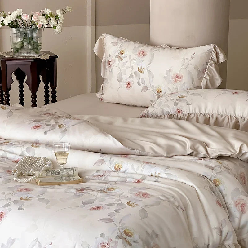 Satin Bedding Set Watercolor Rose Ruffled Shams Machine Washable
