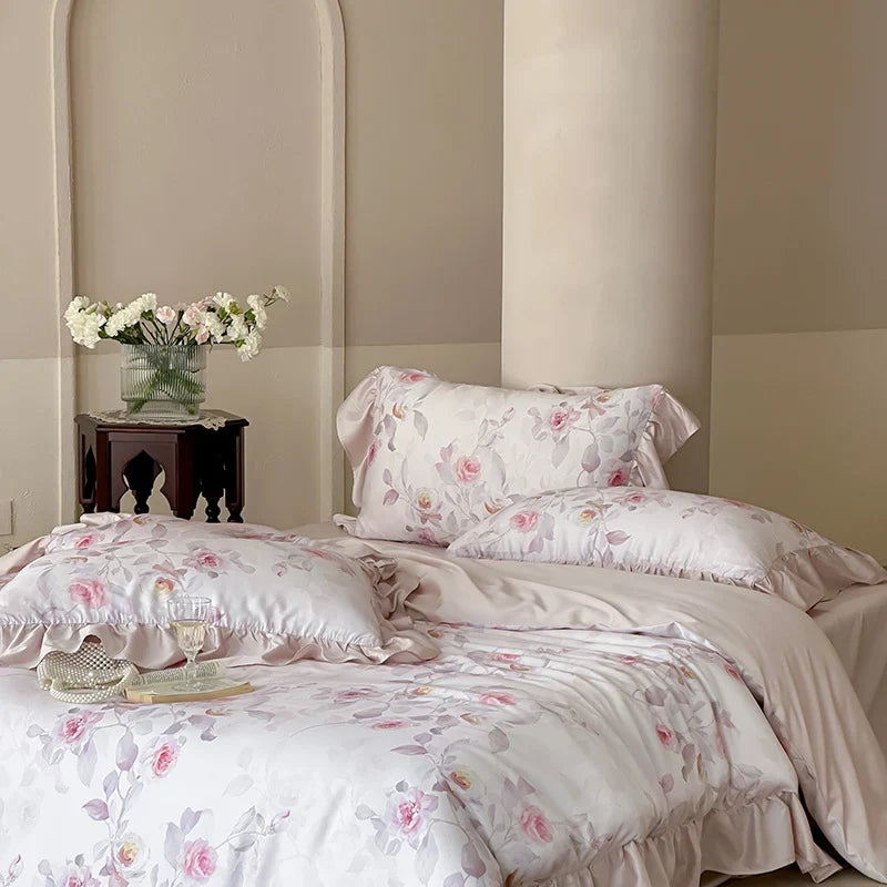 Satin Bedding Set Watercolor Rose Ruffled Shams Machine Washable