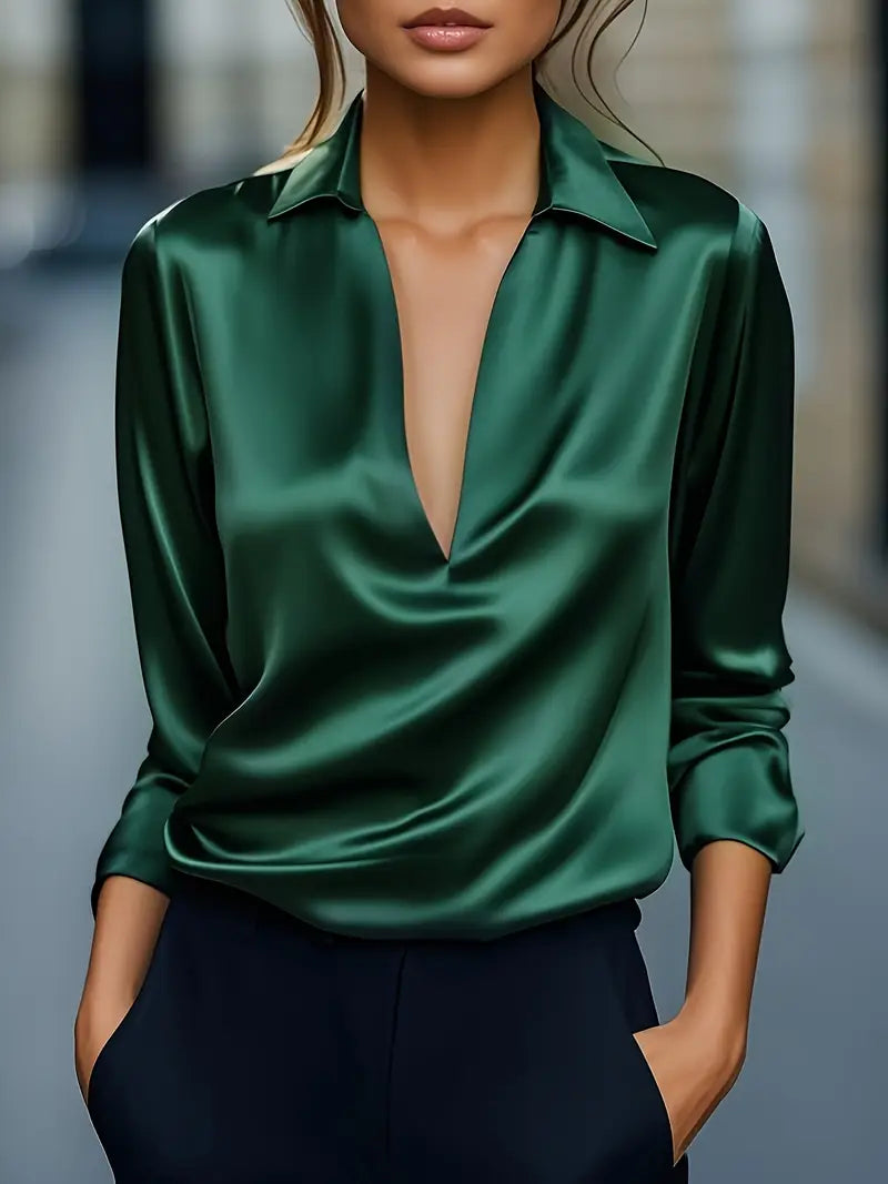 Satin Blouse Draped V-Neck Long Sleeves