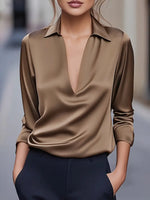 Satin Blouse Draped V-Neck Long Sleeves