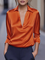 Satin Blouse Draped V-Neck Long Sleeves