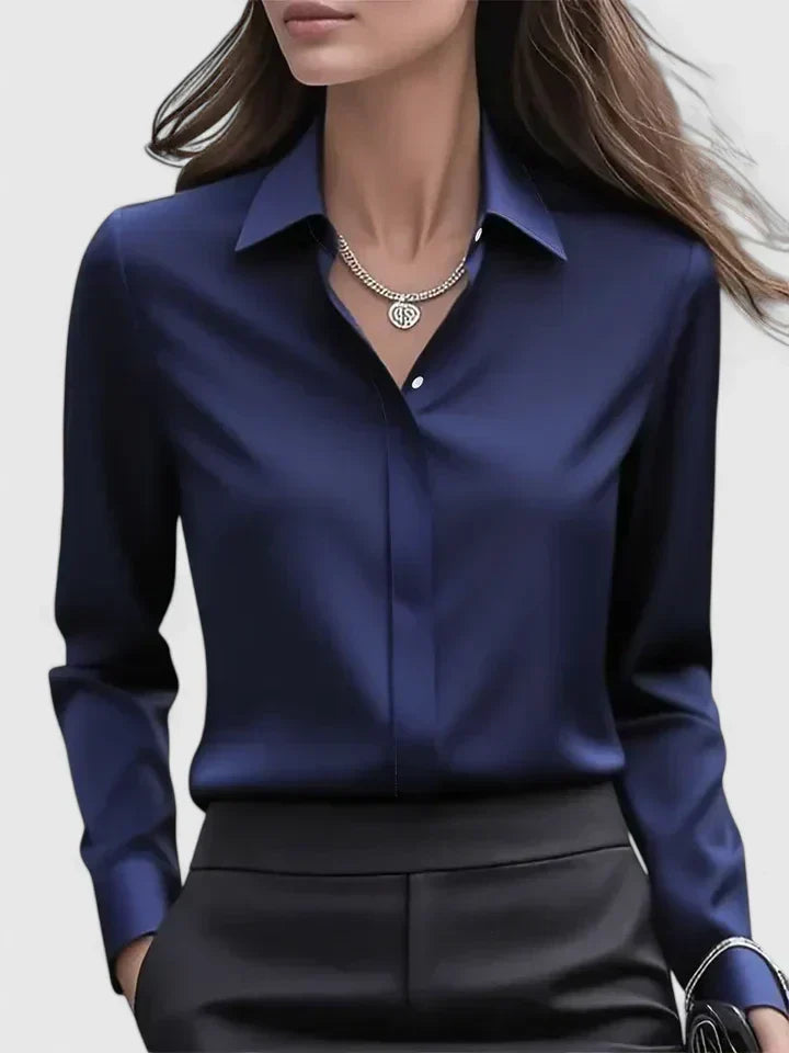 Satin Blouse Structured Collar Long Sleeve Office Style