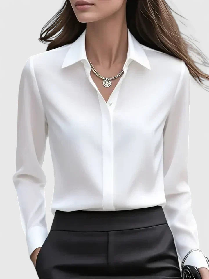 Satin Blouse Structured Collar Long Sleeve Office Style
