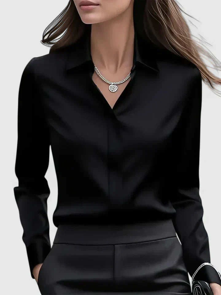 Satin Blouse Structured Collar Long Sleeve Office Style