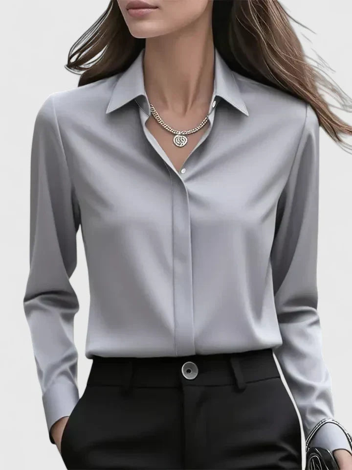 Satin Blouse Structured Collar Long Sleeve Office Style