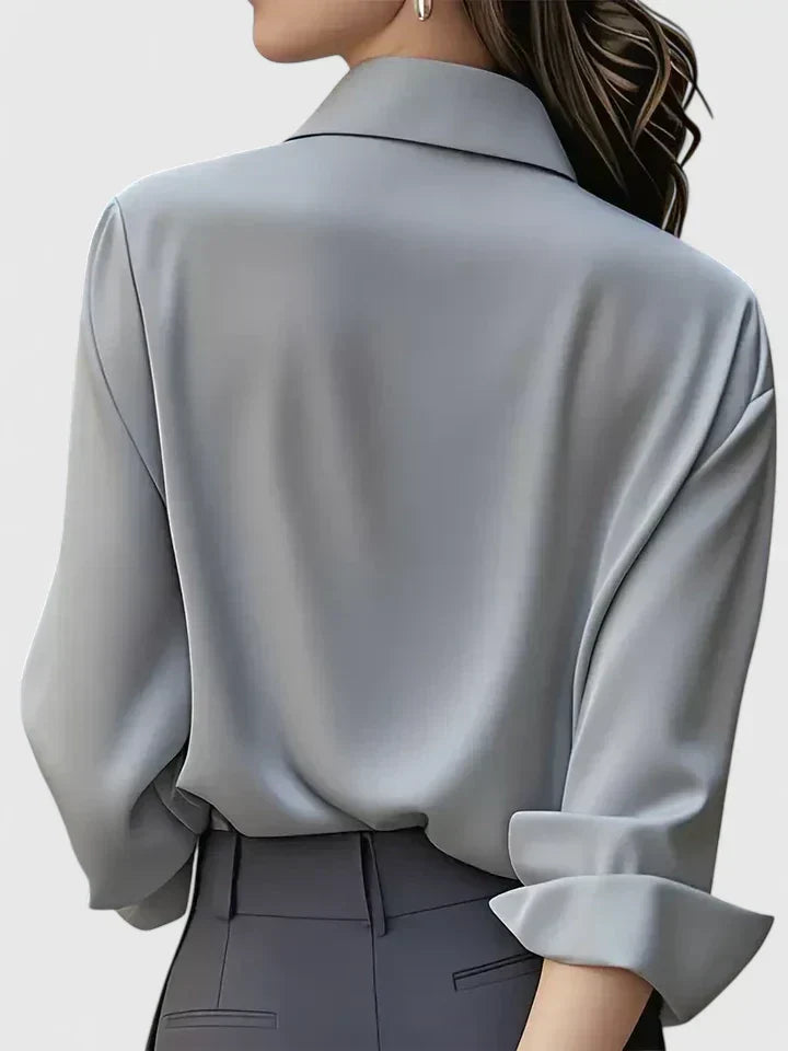 Satin Blouse Structured Collar Long Sleeve Office Style
