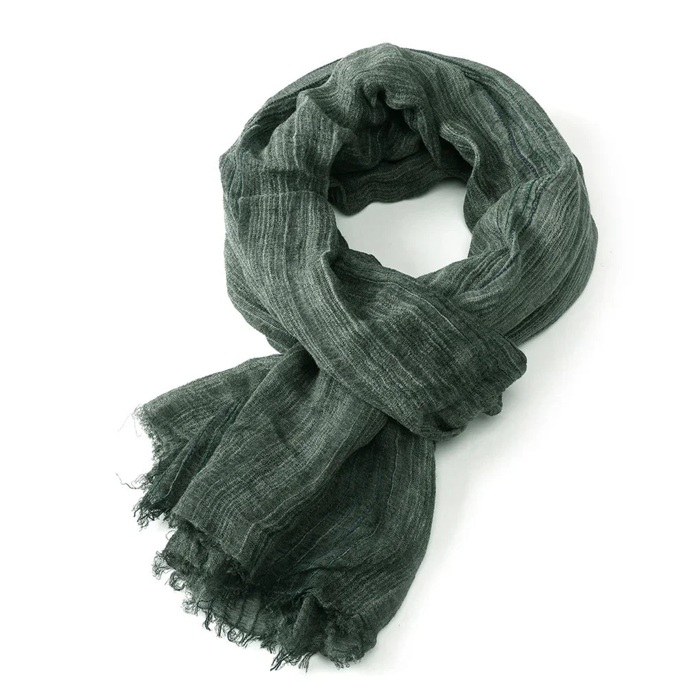 Scarf Cotton-Linen Blend Striped With Fringe
