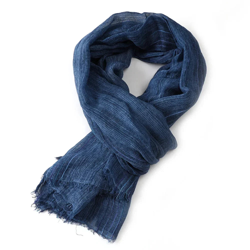 Scarf Cotton-Linen Blend Striped With Fringe