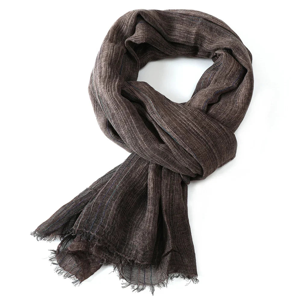 Scarf Cotton-Linen Blend Striped With Fringe