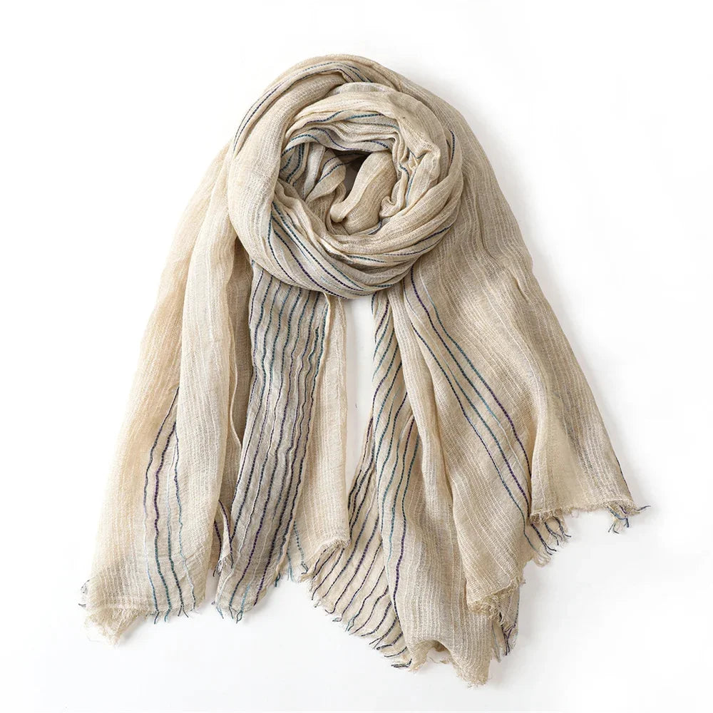 Scarf Cotton-Linen Blend Striped With Fringe
