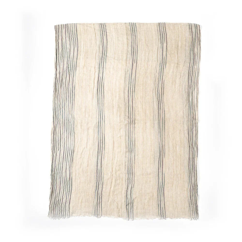 Scarf Cotton-Linen Blend Striped With Fringe