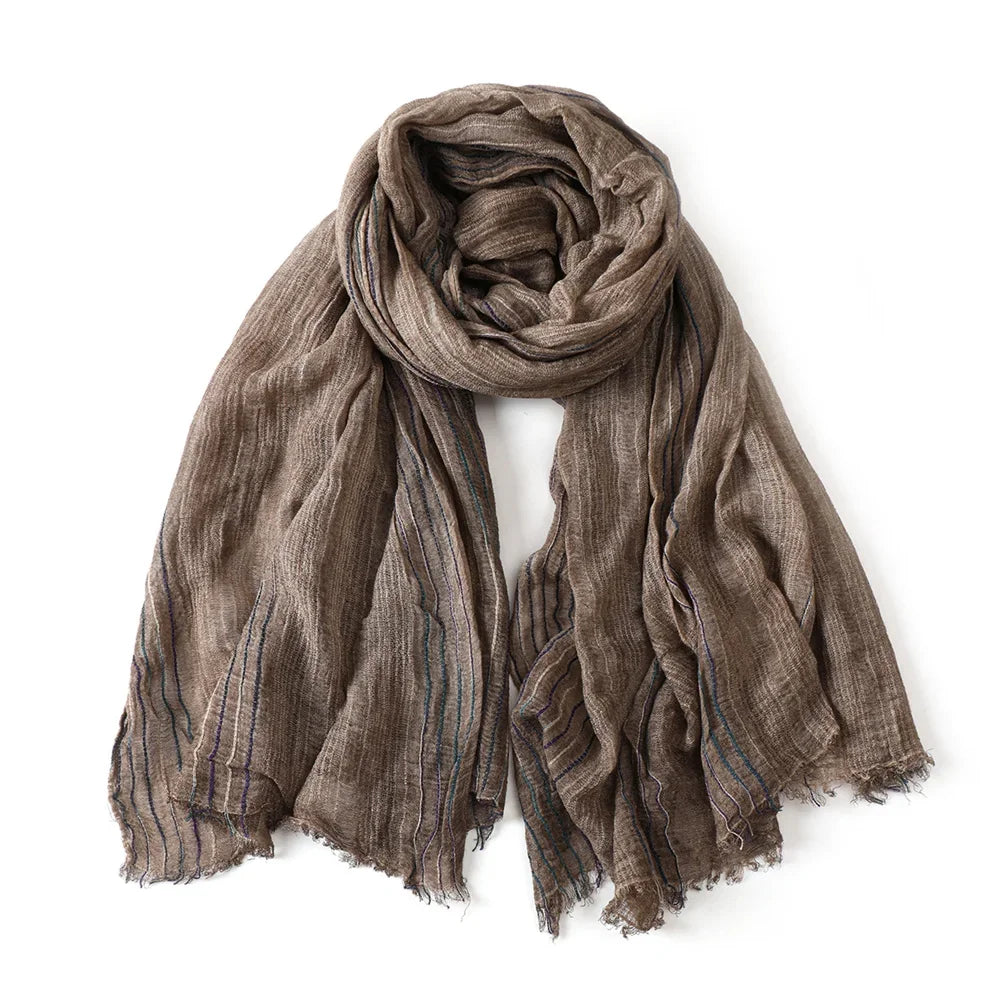 Scarf Cotton-Linen Blend Striped With Fringe