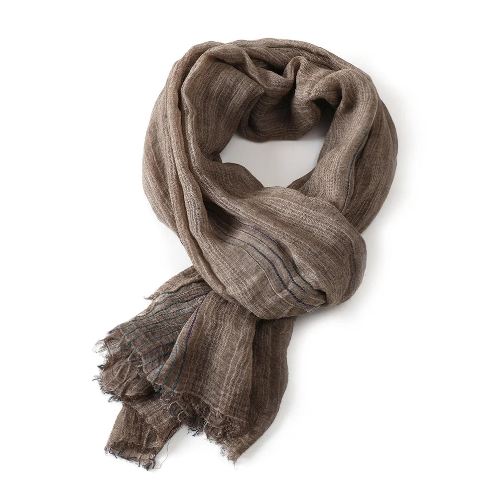 Scarf Cotton-Linen Blend Striped With Fringe