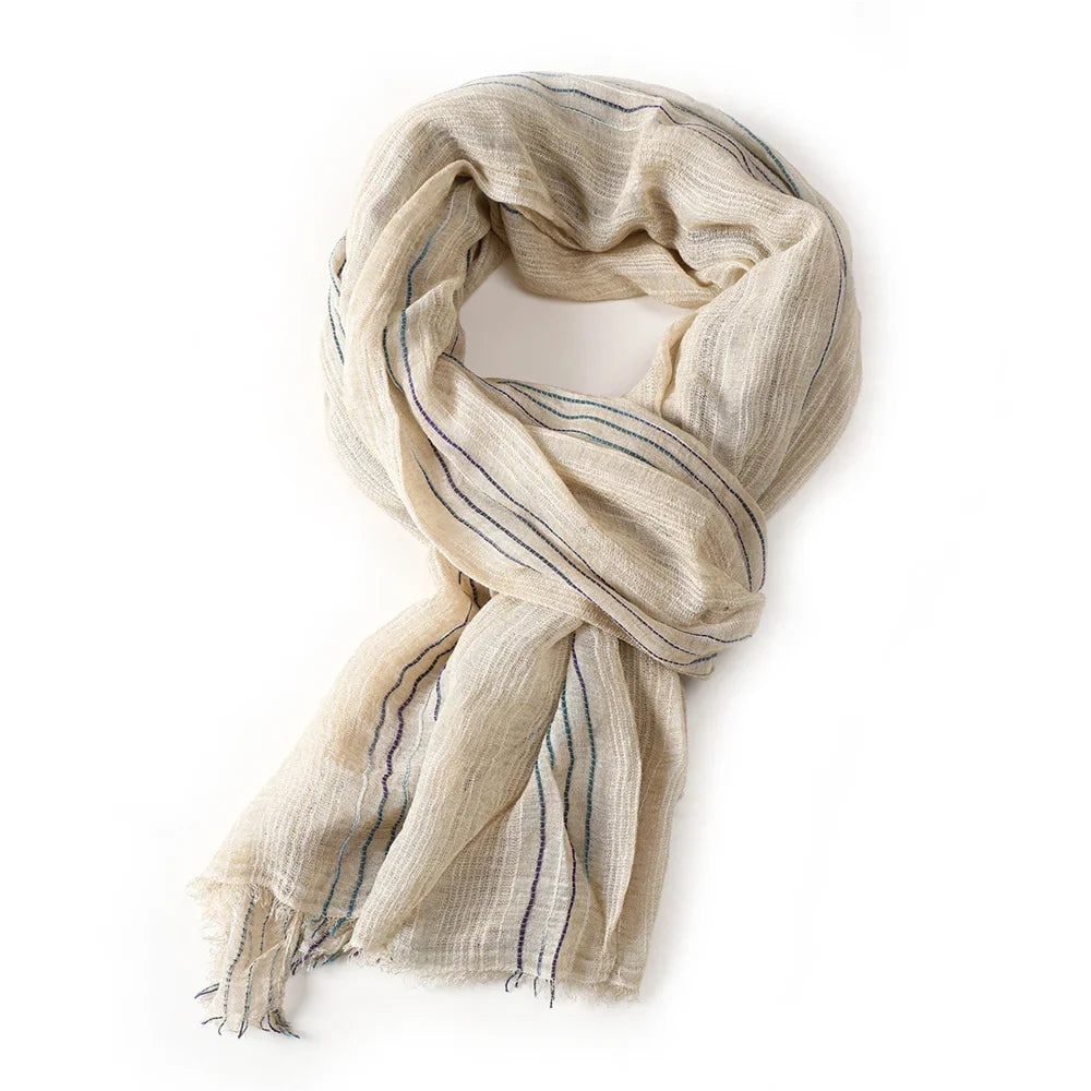 Scarf Cotton-Linen Blend Striped With Fringe