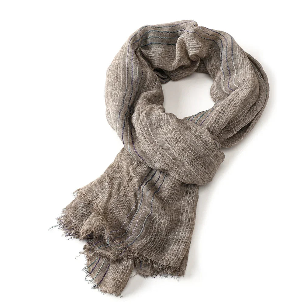 Scarf Cotton-Linen Blend Striped With Fringe
