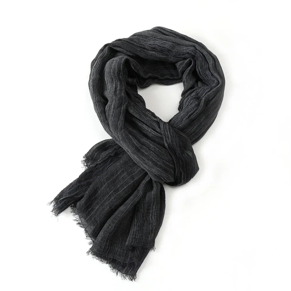 Scarf Cotton-Linen Blend Striped With Fringe
