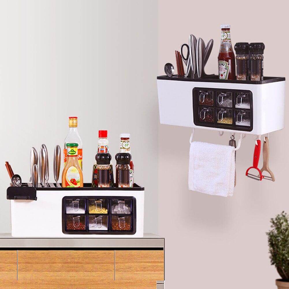 Seasoning Organizer Partitioned Storage With Phone Holder